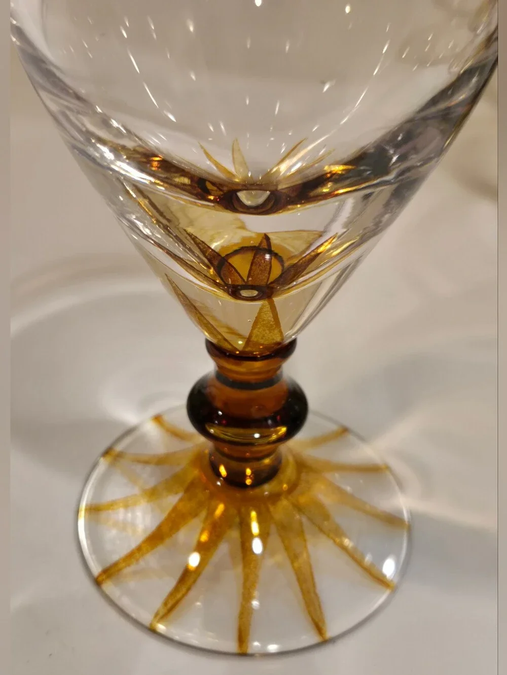 Vintage Stemmed Wine Glasses With Amber Detail X 6